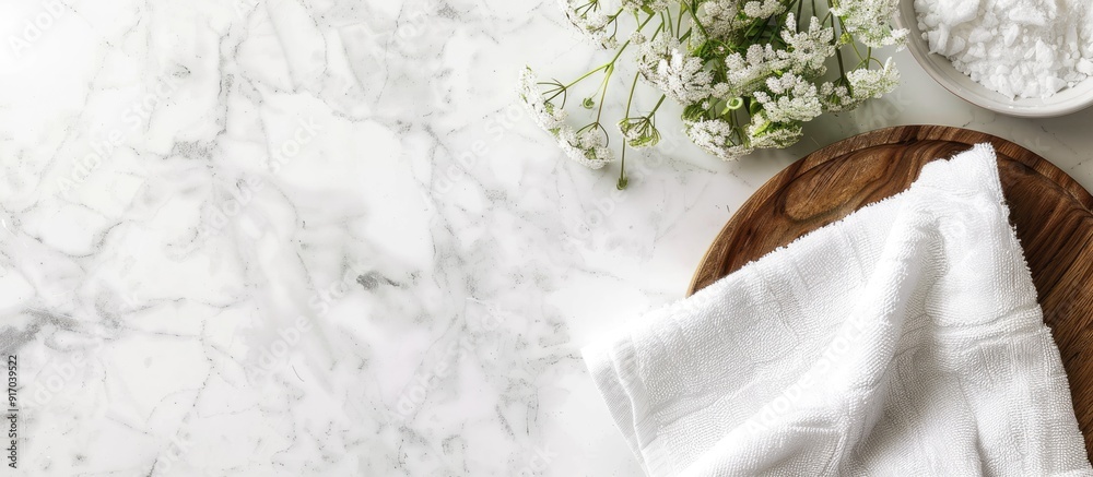 Aufkleber White marble table displaying a kitchen towel with ample copy space image