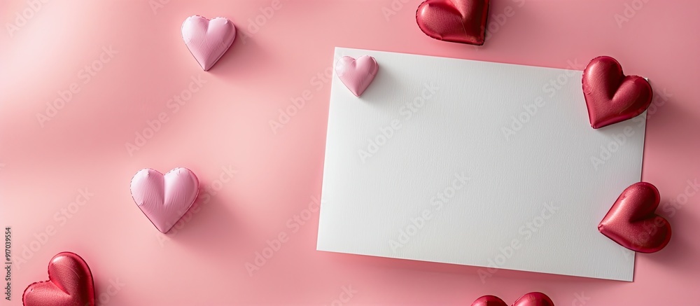 Aufkleber A blank sheet of paper on a pink surface with Valentine hearts casting shadows a perfect template for your greeting card design Top view with a mock up and copy space image available