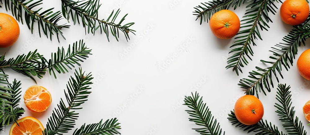 Poster Flat lay Christmas arrangement featuring fresh tangerines on a white backdrop with room for text in a copy space image