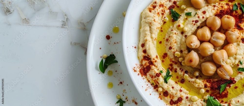 Poster text space available for caption on a flat lay with a tasty hummus dish featuring chickpeas and papr