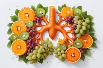 Healthy food concept. Illustration of human lungs with fruits and leaves