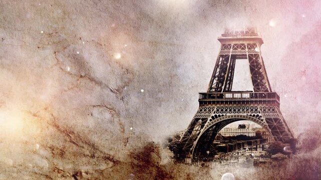 Eiffel Tower in Paris smoothly appears on old, grunge paper with time lapse of sky with clouds. Creative, combined 3D 4K parallax video of high quality. Template for a postcard or historical video.