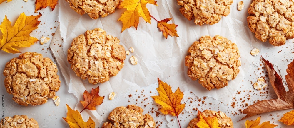 Aufkleber Autumn themed oat cookies on a light background with parchment decorated with yellow leaves creating an enticing fall themed copy space image