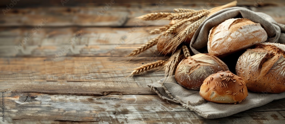 Poster Various types of freshly baked bread on a rustic wooden table with copy space image