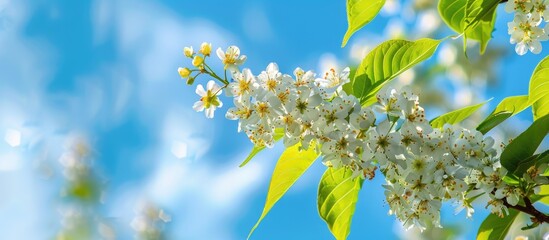 Bird cherry white flowers against a blue sky in a captivating natural setting ideal for a copy space image to showcase its beauty