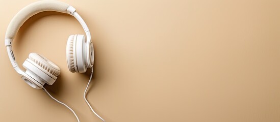 Flat lay of white headphones on beige background with copy space image capturing a music theme