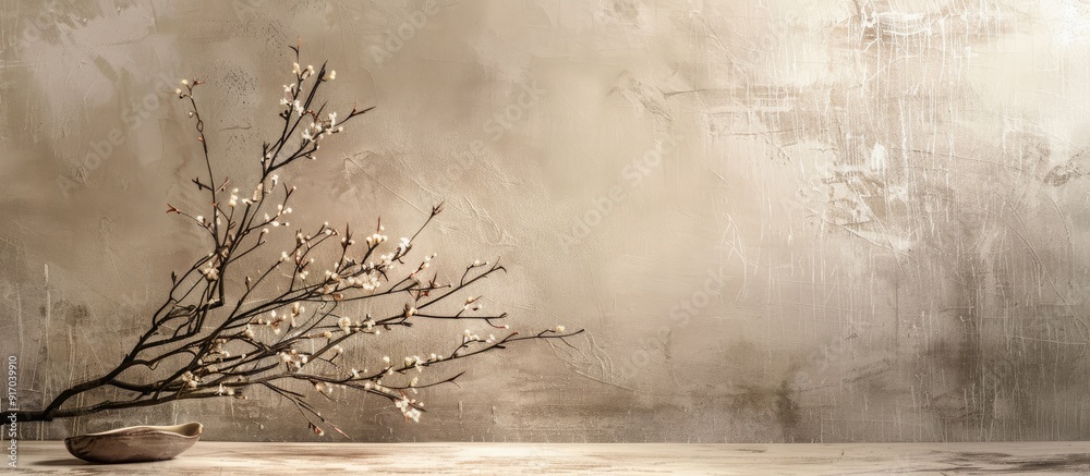 Poster Sophisticated table arrangement with a plant branch on a brown backdrop ideal for a copy space image