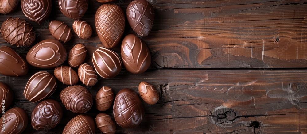 Poster Top view of chocolate Easter eggs set against a dark wooden surface with ample copy space image