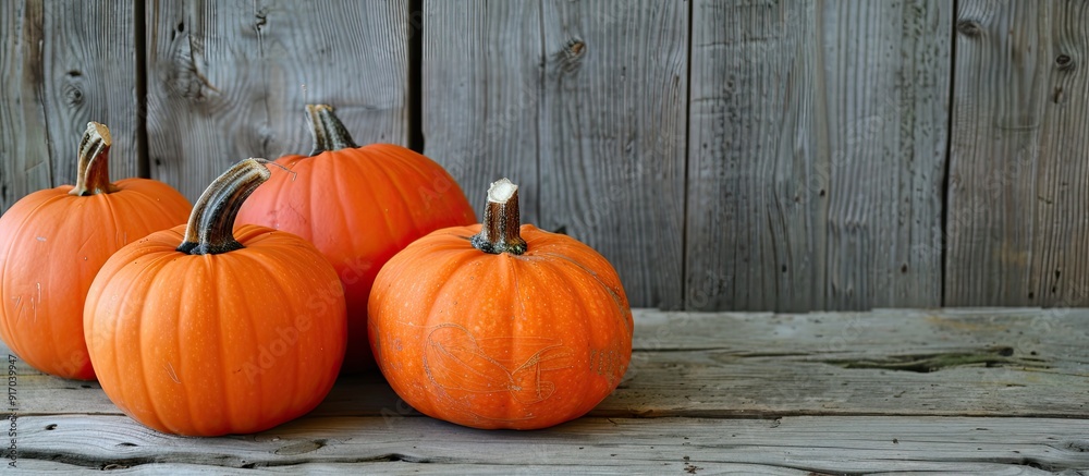 Aufkleber three pumpkins are displayed on a wooden table with copy space image