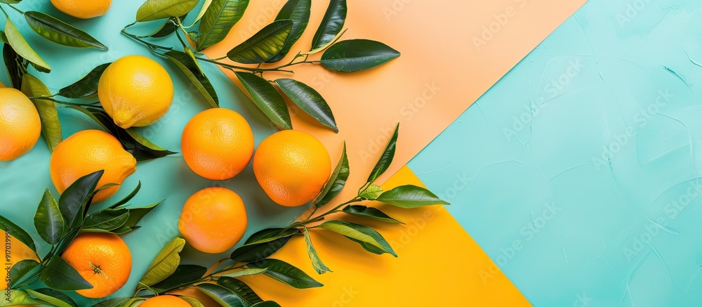 Poster Tangerines and leaves on colorful background in a flat lay setting with copy space image for text featuring citrus fruits
