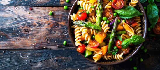 Top view of a vibrant salad nestled among pasta asparagus beans tomatoes green peas and basil in a bowl with ample copy space image