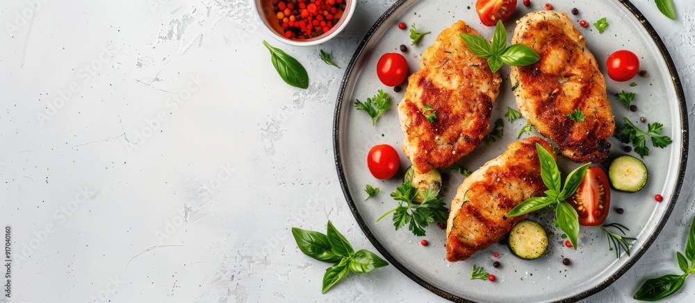 Poster healthy food of chicken cutlet and zucchini displayed in a top view with copy space image