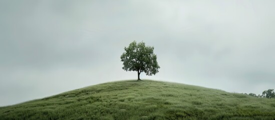 A single leafy tree standing on a grass covered hill with an overcast sky as a backdrop in the copy space image