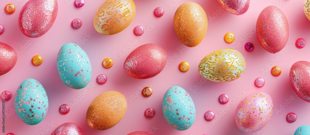 Poster seamless easter pattern featuring glittery colored eggs on a pink backdrop with copy space image
