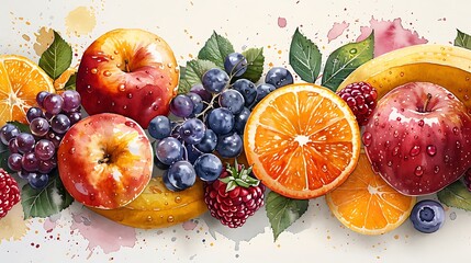 A watercolor pattern depicting a mix of fruits, including apples, oranges, bananas, and berries, vibrant and cheerful colors, seamless design, detailed textures, lively and playful, hd quality,
