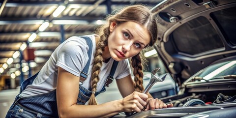 A woman mechanic holding a wrench in a car repair shop working on a vehicle