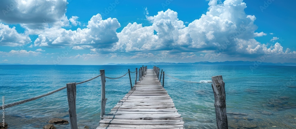 Aufkleber aged wooden bridge over clear sea with appealing sky and attractive clouds in a pleasing copy space 