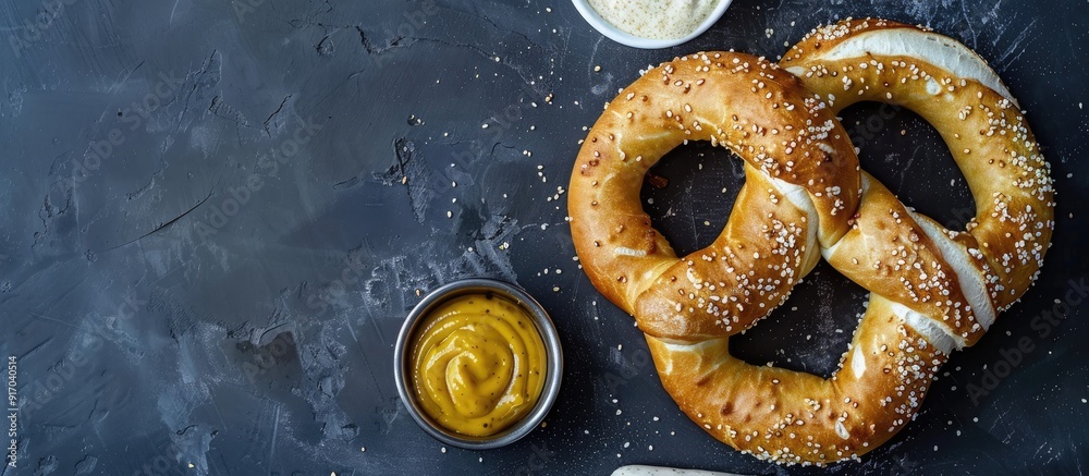 Poster a classic german pretzel is displayed alongside white sausage and mustard on a dark background in a 