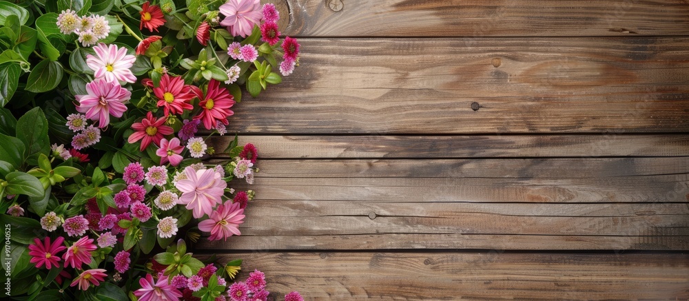 Poster variety of garden blooms on a wooden backdrop with room for text top view with a copy space image