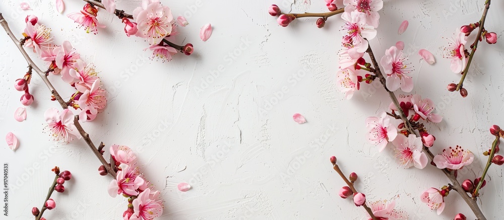 Aufkleber Top view of apricot blossoms creating a spring frame on a white background with copy space image embodying the essence of the spring season