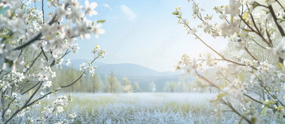 Poster a tranquil spring scene features delicate white flowers on blossoming trees against a soft focused n
