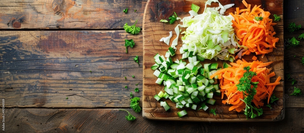 Poster Fresh veggies like chopped carrot and cabbage displayed on a rustic wooden cutting board in a top view image symbolizing healthy eating with copy space for additional content
