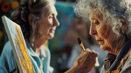 Obraz premium Elderly woman is carefully painting in an art studio with a serene look of concentration