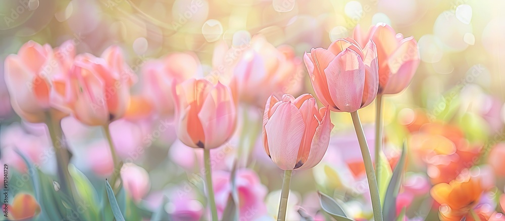 Aufkleber Spring tulips blooming in a garden with a pastel colored floral card in the background The image carries a soft focus on the flowers with blurry surroundings creating a serene atmosphere