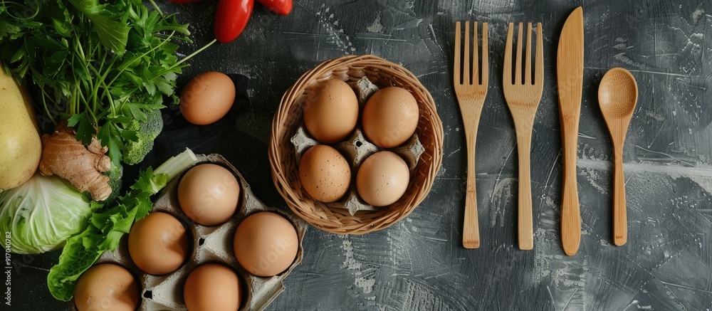 Aufkleber A flat lay composition featuring fresh eggs in a rattan basket paired with vegetables and wooden cutlery creating an appealing copy space image from a top view