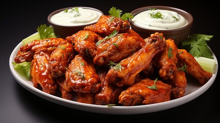 Fototapeta premium Buffalo wings, detailed view highlighting the crispy textures, front view from above, studio lighting, white background.