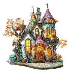 Obraz premium A whimsical fairy tale house with vibrant colors, intricate details, and a magical atmosphere, perfect for enchanting illustrations.