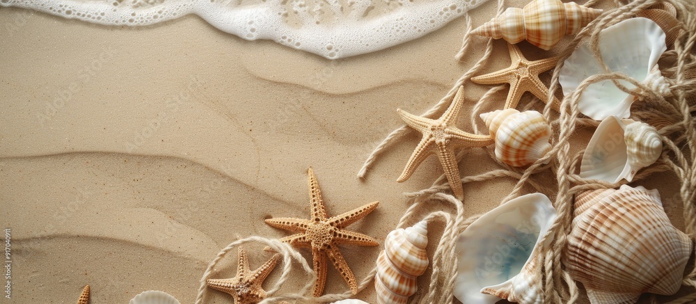 Leinwandbilder a summer themed scene featuring a sandy beach with seashells and string ideal for a copy space image
