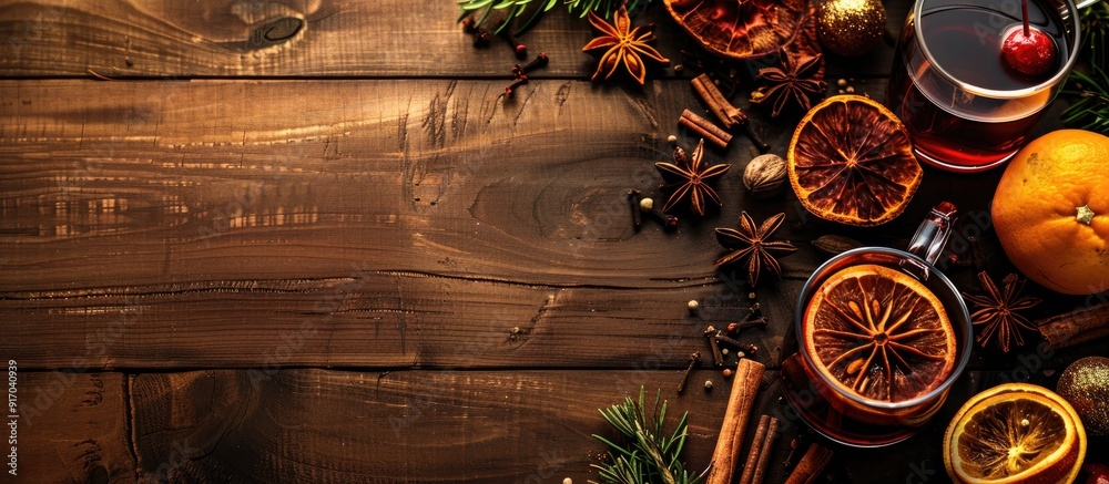 Poster wooden table showcasing a classic mulled wine display with spices leaving room for a copy space imag