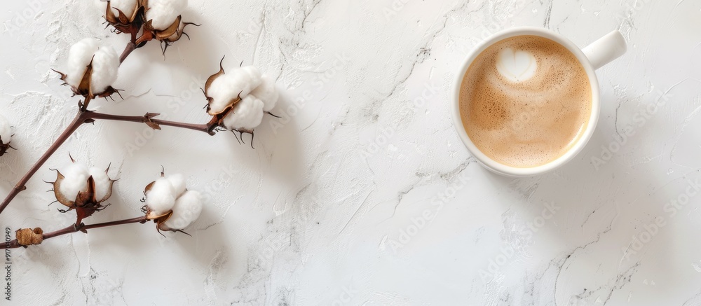 Poster top view of a cotton branch and a coffee cup with milk against a light background featuring a copy s