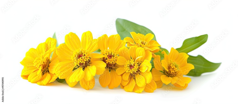 Aufkleber yellow zinnia flowers in bloom arranged as a bouquet set against a white background for a clear copy