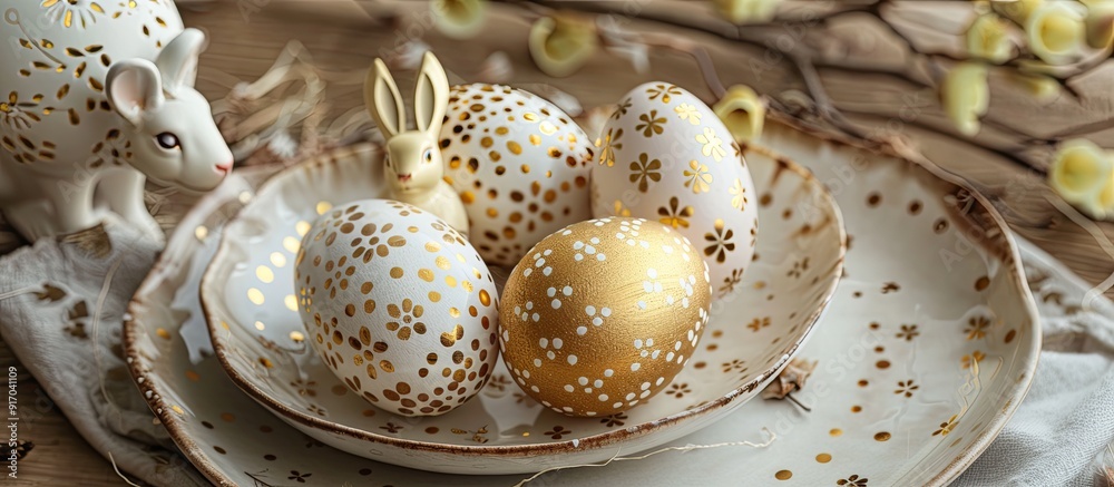 Aufkleber An arrangement of Easter eggs adorned with gold patterns and bunny figures on a plate exuding a sense of cozy home comfort during the festive Easter season with a spacious area for additional element