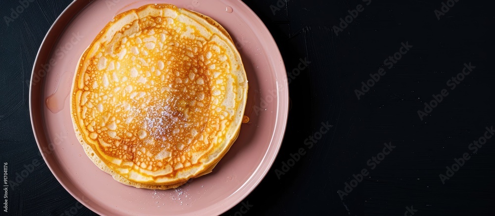 Poster top view of a homemade apple dutch pannekoek pancake served on a pink plate against a black backdrop