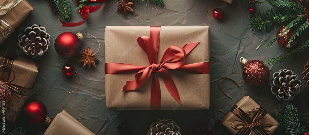 Aufkleber top down view of a wrapped holiday gift in craft paper with a colored ribbon placed on a table with 