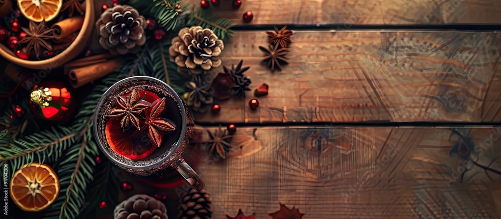 Poster wooden table topped with mulled wine glass creating a cozy ambiance around a copy space image