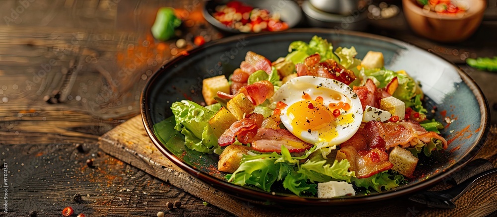 Poster Lorraine cuisine with Vosges salad featuring egg bacon croutons lettuce and vinaigrette dressing beautifully displayed on a rustic table with copy space image in the background