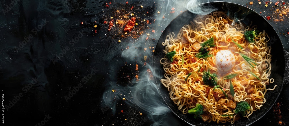 Aufkleber noodle fast cooking displayed on a black background with available copy space image