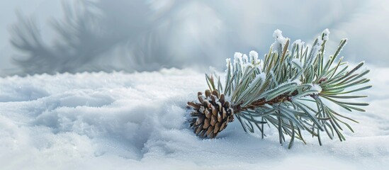 Frost covered pine branch featuring long needles and a cone set against a snowy backdrop creating a serene copy space image