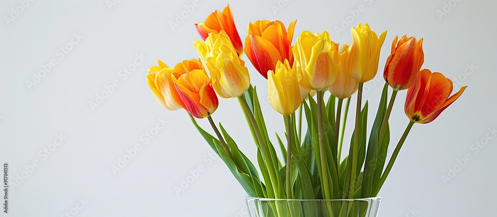 Fototapete vibrant orange and yellow tulips arranged in a see through vase against a white backdrop bathed in s