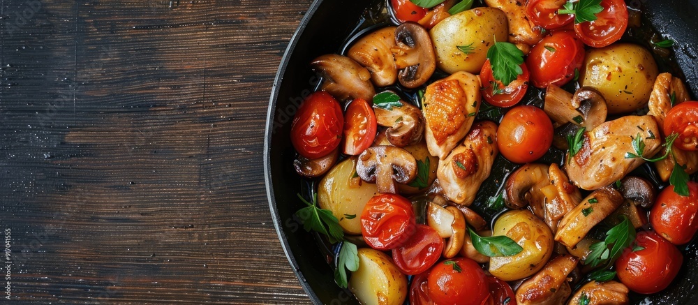 Aufkleber A close up of a stir fried chicken dish with mushrooms tomatoes and potato cooking in a pan captured from above with blank space for text or graphics. copy space available