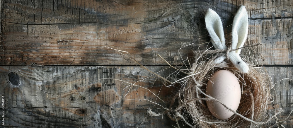 Poster copy space image featuring a rustic background with a white egg and bunny ears perfect for easter ce