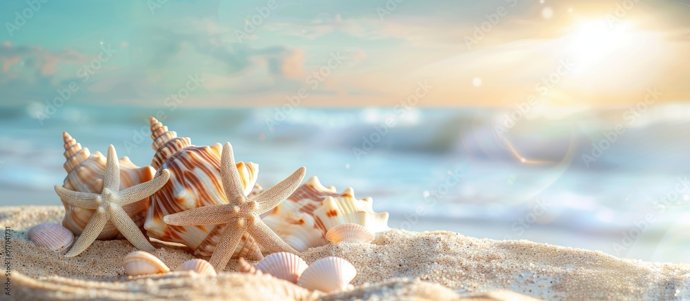 Poster tranquil beach scene with seashells starfish on sandy ocean backdrop ideal for summer sale with copy