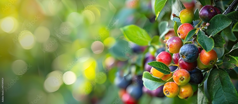 Poster Selective focus close up of colored little fruits on a tree with a blurry background providing a picturesque copy space image