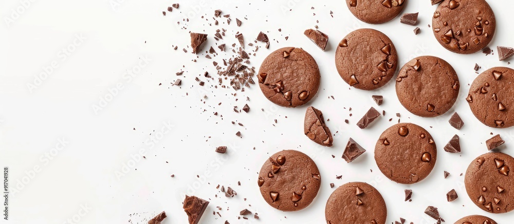 Poster Create a background composition by framing your text with round cookies and chocolate pieces on a white background to incorporate a copy space image