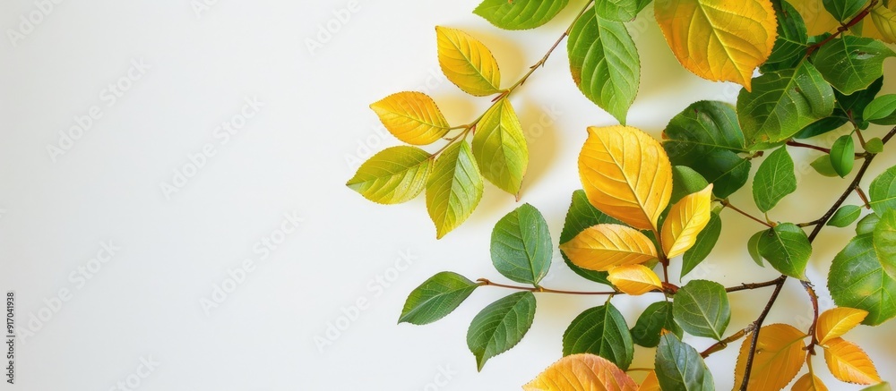 Poster Green and yellow leaves set on a white backdrop for use in background or interior design ideal for a copy space image