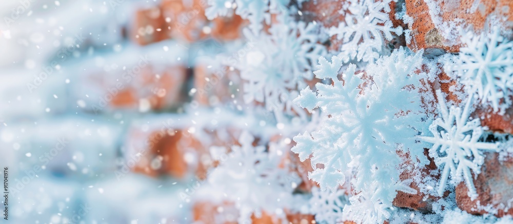 Leinwandbilder snowflakes on a white background with a blurred brick wall in the background provide ample copy spac